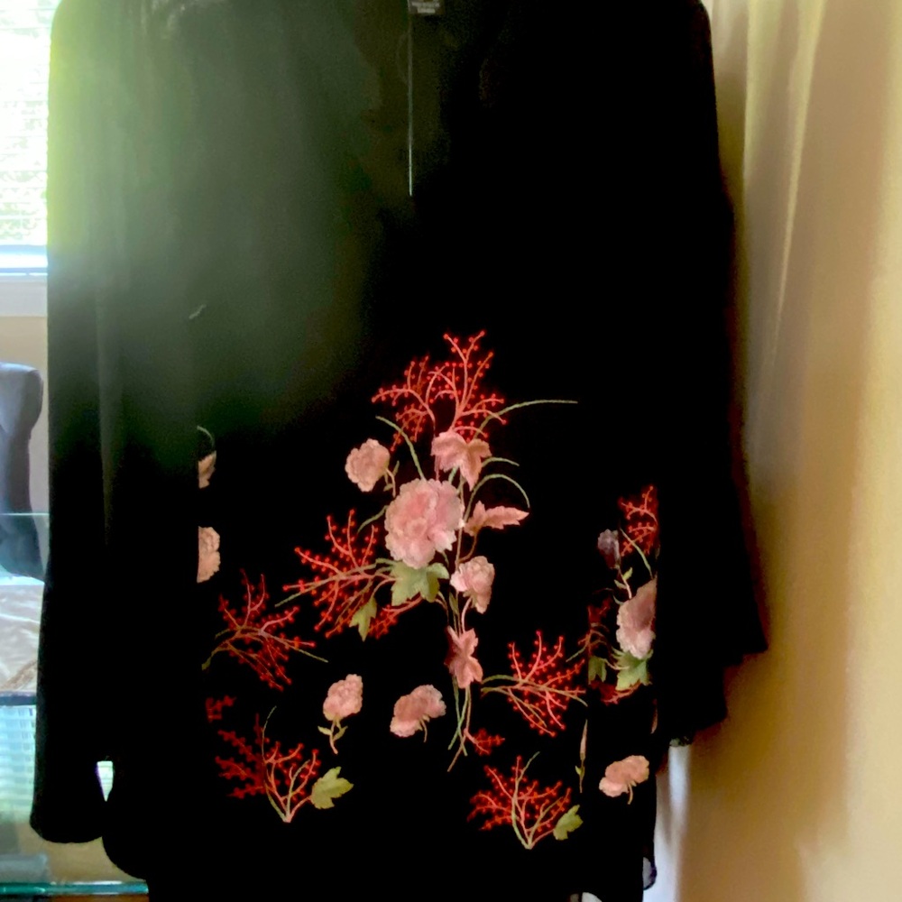 Black light chiffon top with embroidered flowers
